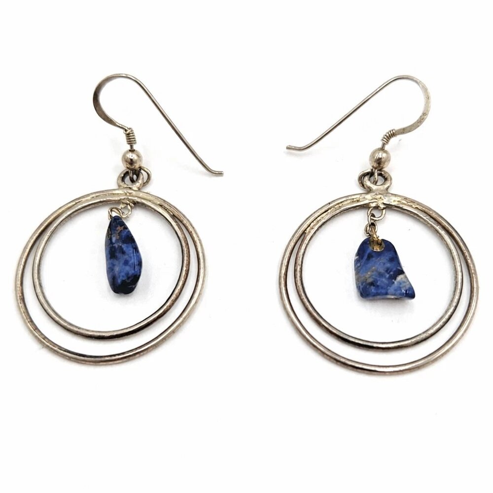 VTG Sterling Silver 925 Raw Lapis Lazuli Beaded Double Hoop Dangle Earrings RARE